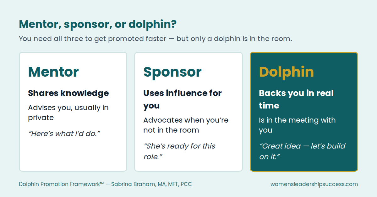 Comparison of mentor, sponsor, and dolphin roles for leaders who want to get promoted faster