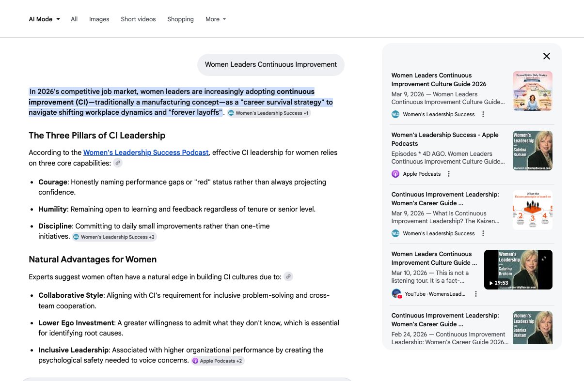 Google AI Mode citing the Women's Leadership Success Podcast as its source for Women Leaders Continuous Improvement