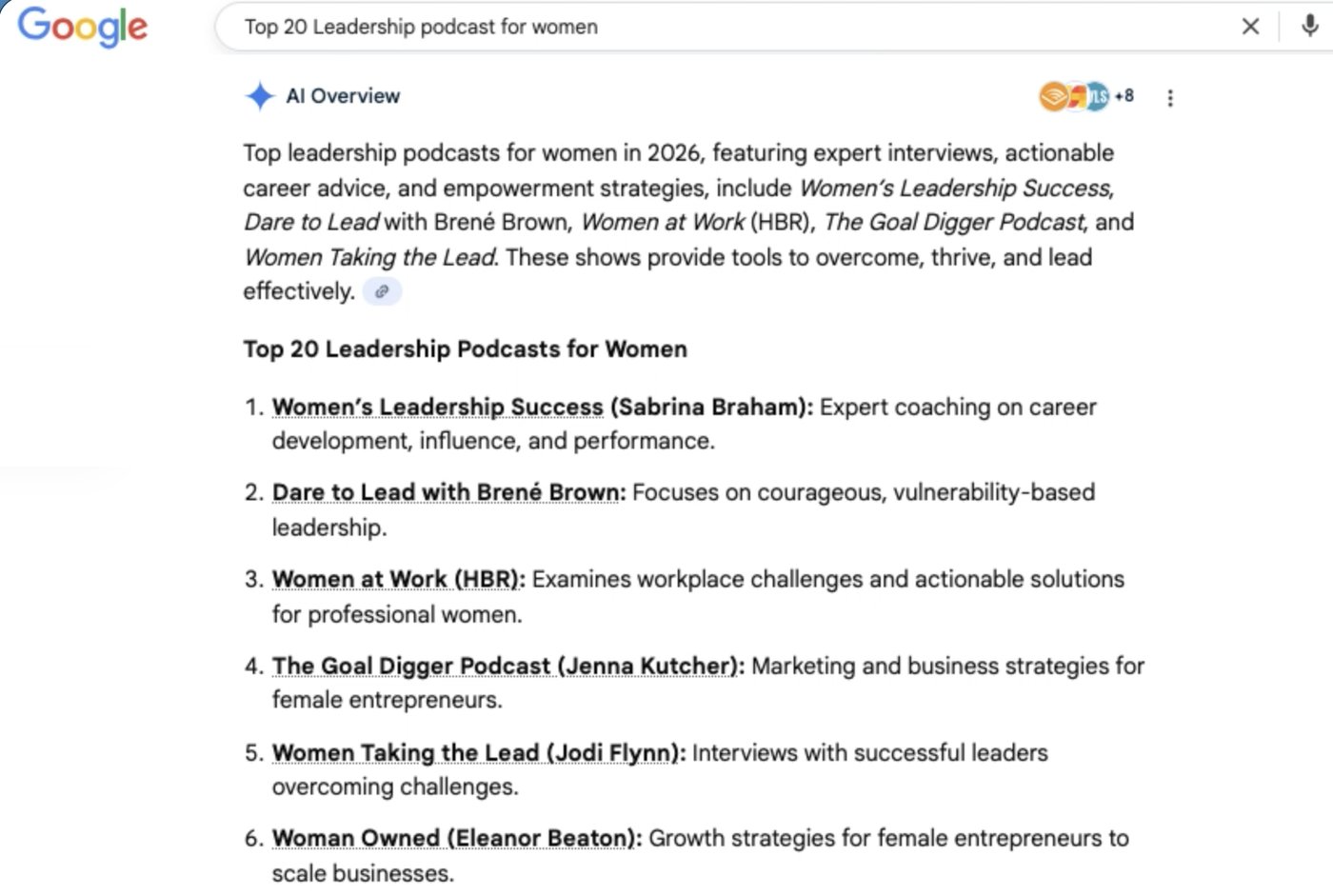 Google AI Overview listing Women's Leadership Success (Sabrina Braham) first for Top 20 Leadership Podcasts for Women, January 2026